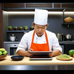 **

A modern Thai kitchen showcasing a chef using locally sourced ingredients and a new Amazonian ingredient. The kitchen features smart technology like a tablet displaying a recipe and an AI assistant providing feedback. The scene should emphasize fresh, vibrant colors and a fusion of traditional and innovative cooking methods.

**