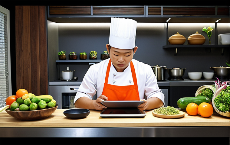 **

A modern Thai kitchen showcasing a chef using locally sourced ingredients and a new Amazonian ingredient. The kitchen features smart technology like a tablet displaying a recipe and an AI assistant providing feedback. The scene should emphasize fresh, vibrant colors and a fusion of traditional and innovative cooking methods.

**